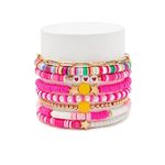 Pingyongchang 8Pcs Heishi Surfer Bracelets Set Colorful Preppy Happy Smile Stackable Evil Eye Beaded Stretch Boho Clay Y2K Kidcore Aesthetic Bracelets for Women Men, 18 cm, Metal, no gemstone