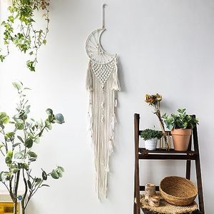 Moon Dream Catcher Wall Decor - Macrame Wall Hanging Woven Boho Tapestry, Rustic Half Moon Dreamcatcher Teen Room Decor for Girls Bedroom Living Room Nursery (Moon White)