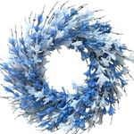 Bibelot 18inch Artificial Forsythia Flower Wreath Spring Summer Fall Wreath Silk Leaves Wreath for Front Door Wreath Porch Farmhouse Patio Garden Home Decor (Blue)