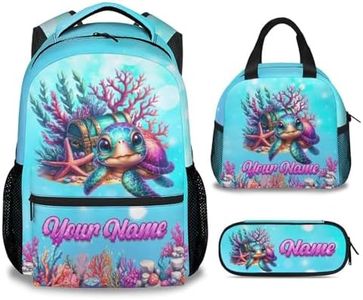 Mercuryelf Custom Girls Backpack Sea Turtle 3PCS Kids Backpack Set with Lunch Bag & Pencil Case, 17 Inch Water Resistant School Bookbag