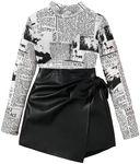 SHENHE Girl's Graphic Long Sleeve Mock Neck Tee and PU Leather Wrap Skort Shorts 2 Piece Set Black and White 10Y