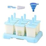 9 Popsicle Molds, 1 Folding Funnel and 1 Brush, Reusable Popsicle Molds with Sticks Easy Removable Ice Cream Molds for Frozen Juice, Yogurt, DIY Ice Cream (Blue)