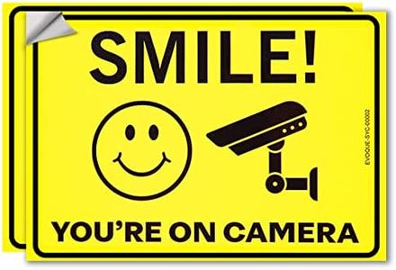 Evoque Smile You’re On Camera Sticker Signs Outdoor and Indoor - Pack of 2-10x7 inches - Waterproof Security Camera Sign Surveillance Sticker for Offices - Homes - Shops etc (Yellow 2pcs)
