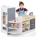 GYMAX Kids Grocery Store, Wooden Market Play Shop with Checkout Counter, POS Machine, Vending Machine & Accessories, Children Supermarket Playset for 3-8 Year Old Girls Boys (Grey+White)