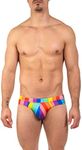 Gary Majdell Sport Mens Hot Prints Bikini Swimsuit with Contour Pouch (Big Rainbow Stripe, Large)