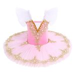 Ballet Leotard for Girls Kids Short Sleeve Lace Pearl Embroidered Tulle Tutu Skirt Gymnastic Bodysuit Ballerina Dance Swan Lake Costume Skating Team Performance Ballet Dress Pink 5-6 Years