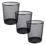 FWEEK 3 Pack Mesh Waste Paper Bin 12 Litres Metal Waste Basket Small Trash Can Rubbish Bin for Bedrooms Bathrooms Office Home Kitchens Supplies, 24 X 26cm Black Circular