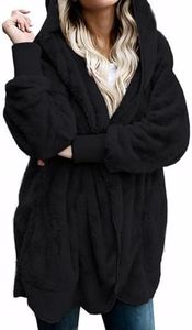 Zilcremo Women Hooded Cardigan Fuzzy Jacket Winter Open Front Fleece Coat Outwear with Pockets Black XXL