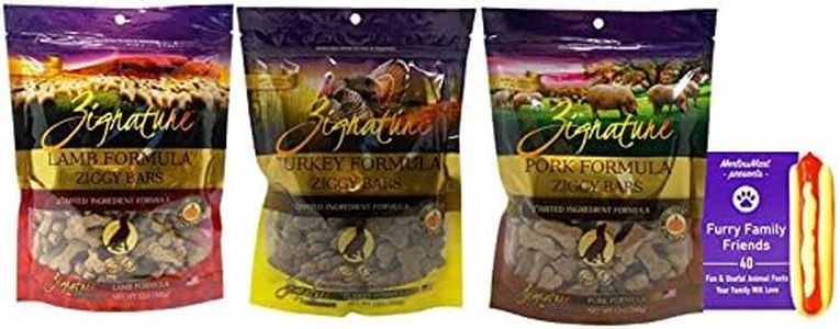 Zignature Ziggy Bars Limited Ingredient Dog Treats 3 Flavor Bundle - (1) Each: Lamb, Pork, Turkey (12 Ounces) - Plus Squeak Toy and Fun Animal Facts Booklet Bundle