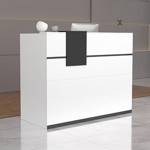 Caldion Mesita de recepción frontal con estantes móviles y mostrador, cajón con cerradura, cintas negras, para salón de vestíbulo, color blanco
