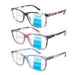 3 Packs Progressive Multifocus Reading Glasses Fashion Ladies Readers Blue Light Blocking Spring Hinge Pattern Eyeglasses (Mix, 1.50, x)