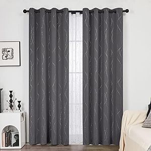 Deconovo Lot de 2 Rideaux Opaque Salon Occultants Isolants Thermique Anti Froid 140x175cm Rideau Oeillet Imprimé Lignes et Points Argentés Rideau Chambre Gris Foncé