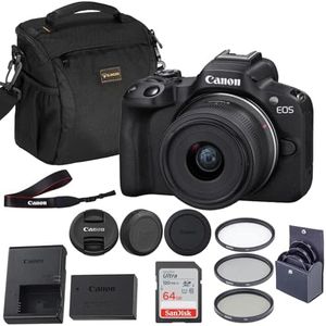 Canon EOS R50 Mirrorless Camera with 18-45mm Lens, 24.2MP APS-C, 4K Video, Dual Pixel CMOS AF II, Vari-Angle Screen, Wi-Fi, Bluetooth + 64GB SD Card, Shoulder Bag, 3 Filter Kit, 1-Year Warranty