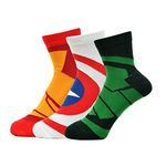 BALENZIA X Marvel Iron Man,Captain America & Hulk Themed High Ankle Length Socks for Men-(Pack of 3 Pairs)(Free Size) White,Red,Green