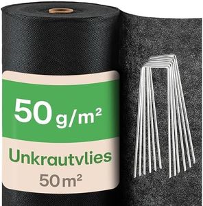Praknu Unkrautvlies 50g/m2 Extra Stark - 50m2 - Unkrautfolie mit 24 Erdankern - Wasserdurchlässig & Reißfest - UV Stabil - Gartenvlies - Gartenfolie - Mulchfolie - Vlies gegen Unkraut - Unkrautmatte