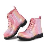 Hawkwell Girls Boys Combat Ankle Boots Side Zipper Work Boots with Rainbow Lace Up,Pink Shiny PU,5 M US Big Kid