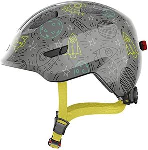 ABUS Casque pour enfants Smiley 3.0 LED - Casque de vélo avec lumière - ajustement profond & place pour une tresse - pour filles et garçons - Gris avec dessin de l'univers, taille S, S (45-50 cm)
