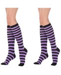 SYYWLYAP Womens Stripe Tube Socks Knee High Athletic Socks Outdoor Sport Running Baseball Stockings Girls Tights, Purple Black Stripe- 2 Pack, One size