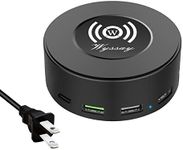 Wyssay 75W 6-Port USB Charger Desktop Charging Station(Type-C, Quick Charge 3.0 and 4 USB Ports) with Wireless Charger,Multi USB Charger Hub for Smartphone and More Black