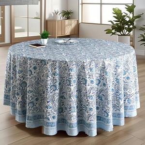 CPC Round Tablecloth- Cotton Indian Block Print Tablecloth -Handmade Printed Washable Cotton Table Cloth - Spring/Summer, Wedding Table Cover - Indigo Blue 132Inch