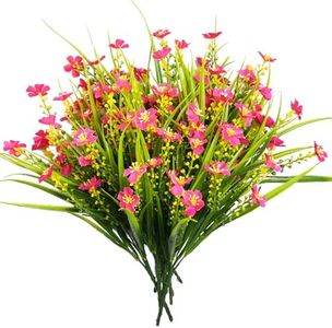 SupBri 8 Bundles Artificial Plants Outdoor, UV Resistant Rose Red Fake Flowers with Grass, Fake Plants for Outsides Farmhouse Home Garden Office Patio Front Porch