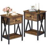 VECELO Nightstands Set of 2, Modern Bedside End Tables, Night Stands with Drawer and Storage Shelf for Living Room Bedroom, Industrial Metal Frame, Antique Brown