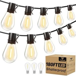 Torkase Outdoor String Lights 180FT, Patio Lights with 53 Dimmable S14 Plastic Bulbs 2 Spare, 2200K Waterproof Connectable Hanging Lights for Backyard Porch Cafe Party Decor
