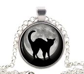 Silver Black Cat in Full Moon Necklace Pendant, Halloween Jewellery Gift for Girls