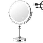 UUCOLOR Makeup Mirror with Lights USB Rechargeable 8 Inch 3 Color Lights Two Sided 1X/10X Magnification LED Vanity Mirror Touch Control 360°Rotation Light up Mirror Chrome Finish