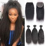 BLISSHAIR Kinky Straight Hair 3 Bundles with Closure Yaki Stragiht Human Hair Weave Bundles with 4x4 Lace Closure Virin Brazilian Remy Human Hair Natural Color (10 10 10 + 8)