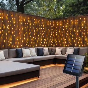 Solar Curtain Lights Outdoor,13ft(L) x 3.3ft(H),8 Mode,200 LED,Solar String Lights for Pool Glass Fence Handrail Railing Eaves Wall Pavilion Wedding Arch Decoration-Waterproof,Dark Green -Warm White