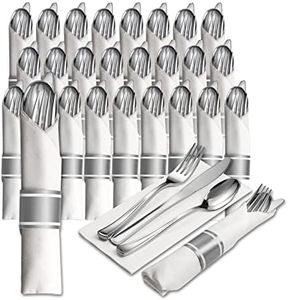 25 Pre Rolled Silver Plastic Silverware - 100pc Set, Service for 25 - Wrapped Disposable Silverware Set with Forks, Knives, Spoons, White Napkins - Fancy Decorative Flatware for Dinner, Party, Wedding
