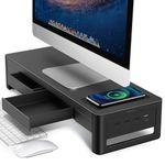 Meatanty 3 In 1 Monitor Stand Riser with 2 Drawers,1 Wireless Charging Module and 4 USB Ports,Metal Computer Stand Support Transfer Data and Charging,Desk Organizer for PC (21 x 7.9 x 4.3 inches)