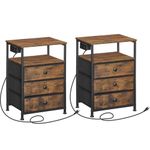 HOOBRO Bedside Table with Charging Station, Set of 2, Narrow Side Table with 3 Non-Woven Fabric Drawers, End Table with Open Storage, Nightstand for Small Spaces, Rustic Brown and Black BF403UBZP201