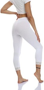 Women's Lace Trim Leggings 3/4 Length Capri Stretchy High Waist Yoga Cropped Leggings Lightweight Tights Leggings, White, Large-X-Large