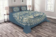 ABAKUHAUS Holiday Bedspread Set, Pacific Waves Surf Camp, Decorative Quilted 3 Piece Coverlet Set with 2 Pillow Shams, Slate Blue