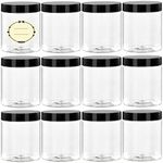 TUZAZO 8 Oz Plastic Containers with Lids and Labels BPA Free, Tuzazo Clear Empty Refillable Plastic Jars for Cosmetics, Lotions, Body Butters, Bath Salt & Beauty Products(12 Pack), Clear, 8 oz