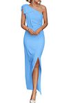 PRETTYGARDEN Women's Summer One Shoulder Long Formal Dresses Sleeveless Ruched Bodycon Wedding Guest Slit Maxi Dress (Sky Blue,Large)