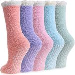 MQELONG Slipper Socks for Women Cozy Hospital Socks Soft Fluffy with Grips Socks Warm Fuzzy Socks Non Slip Grip Socks, 5 Pairs Light Colour Patchwork, 5-10