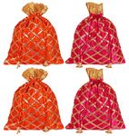 Kuber Industries Potli Bags Handbags for Women Gifting Wristlets for Wedding, Festival, Kitty Subh Shagun-Pack of 4 (Orange & Pink)