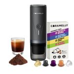 Caramelly Fikapresso Portable Espresso Maker | Electric Mini Rechargeable Coffee Machine for Coffee Pods & Grounds | Ideal for Travel, Home, Office | 1yr warranty | Free Discovery Pack (10 Capsules)
