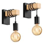 Lightess 2 Pack Wooden Wall Light Vintage Industrial Wall Sconce Light Indoor Rustic Wall Light E27 Bulb Base Wall Lighting Fixture for Living Room Stair Hallway Gate Restaurant Wall Lamp -Black