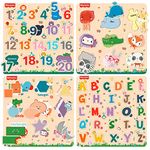 Fisher Price Wooden Educational Colorful Alphabets, Counting Numbers, Shapes and Colours Puzzle for Preschool Kids (12x12 Inches)- Set of 4