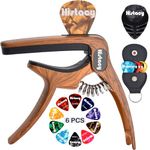 Histacy Guitar Capo, 3 in 1 Zinc Alloy Capo, with 6 Celluloid Guitar Picks, Stick On Pick Holder and Leather Plectrum Keyring for Acoustic Electric Guitar, Bass and Ukulele, Wood Grain Color