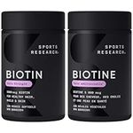 Sports Research Extra Strength Vegan Biotin 5000mcg with Organic Coconut Oil - Helps to Maintain Healthy Hair, Nails and Skin - Great for Women & Men - 120 Veggie Softgels