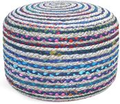 SIMPLIHOME Margo 20 Inch Wide Boho Round Pouf in Blue Braided Jute, for The Living Room, Bedroom and Kids Room