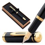 Wordsworth and Black Fountain Pen Mini EDC: Luxury Black Heavy Pocket Pen, Gold Finish, Medium Nib, 6 Ink Cartridges, Ink Converter, Travel Refillable Writing Pen Gift Set, Men & Women