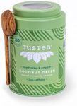 JusTea COCONUT GREEN | Loose Leaf Green Tea | Tin with Hand Carved Tea Spoon | 40+ Cups (100g) | Low Caffeine | Award-Winning | Fair Trade | Non-GMO