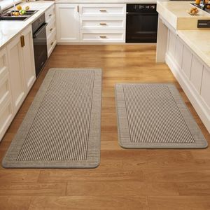 Quqei Kitchen Rugs Non Slip, Washable Kitchen Mat, Absorbent Kitchen Runner for Floor Mat, Hallway, Front Sink, Rubber Backed Woven Kitchen Set of 2, 43x75cm+43x120cm, Brown