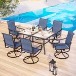 MFSTUDIO 7 Piece Patio Dining Set for Deck/Yard/Garden, All Weather Outdoor Table and Chairs Set Including 1 Rectangular Wood-Grain Table and 6 Sling Swivel Chairs (Padded Navy Blue)